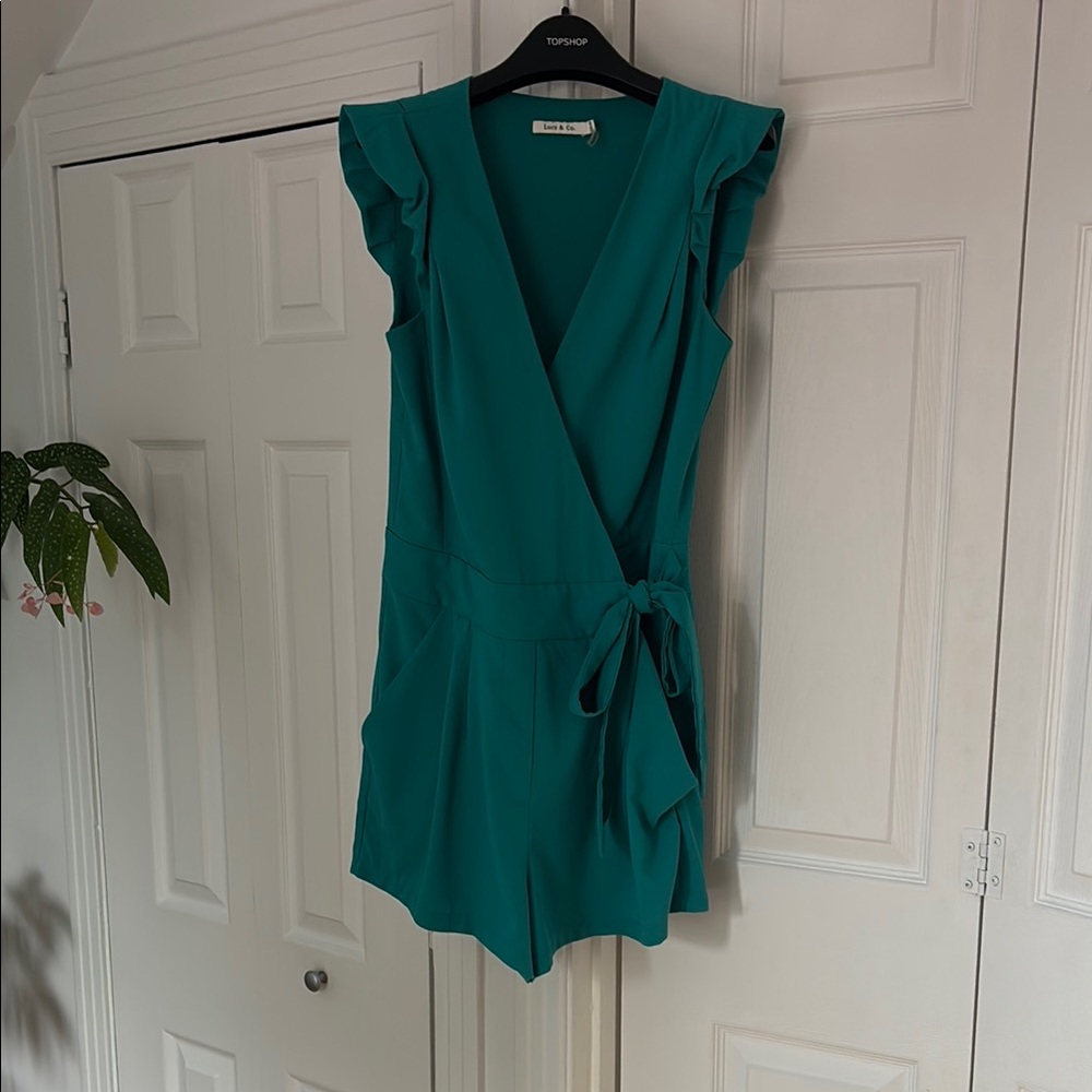 Green Wrap-Style Jumpsuit with Flutter Sleeves